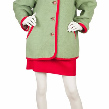 Geoffrey Beene 1990s Vintage Green & Red Teddy Coat Skirt Set Sz XS S 