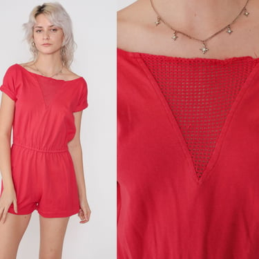 Cherry Red Romper 80s Playsuit Boatneck One Piece Jumpsuit Mesh Short Sleeve Shorts Summer High Waist Mini Dress Cotton Vintage 1980s Medium 