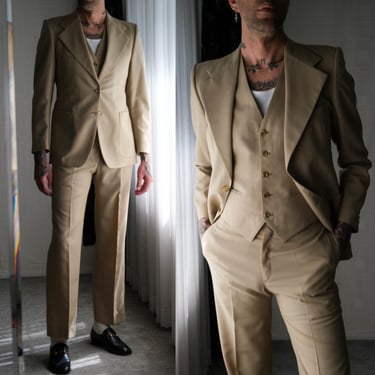 Vintage 70s Yves Saint Laurent Archival Tan Three Piece Flare Leg Suit | Made in France | 100% Wool | 1970s YSL Designer Tailored Mens Suit 