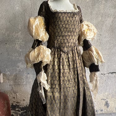 Antique Edwardian Gold Lamé Fish Scale Dress Gown Puff Sleeve Costume Vintage
