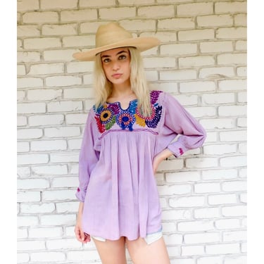 Hand Embroidered Mexican Blouse // vintage gauze purple lavender cotton boho hippie Mexican hand embroidered dress hippy tunic huipil // O/S 