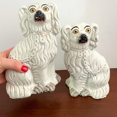 Authentic Pair of Antique Staffordshire Dogs. White Ceramic English Mantel Dogs. Pair of Antique Wally Dogs. 