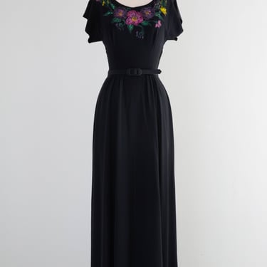 Stunning & Rare 1940's Rayon Evening Gown With Hand Painted Floral Motif / XS