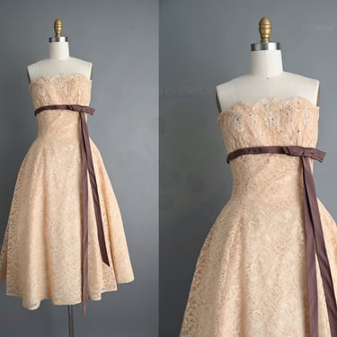 vintage 1950s dress | I.Magnin & Co Champagne Lace Strapless Cupcake Dress | Small 