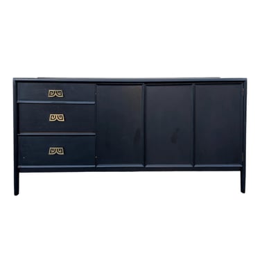 Vintage Drexel Parallel Sideboard - Black Wood, Gold, Chinoiserie MidCentury Asian Oriental Style Credenza Cabinet 