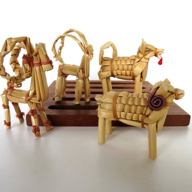 Set of 4 Scandinavian Straw Animal Figurines, Swedish Rattan Goat Julbock, Sheep and Dog Miniature Figurines 