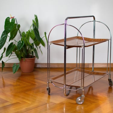 Mid-century Modern Serving Trolley | Vintage Metal and Chrome Bar Cart | Bremshey Folding Bar | Made in Germany | 60's Radio or Plant Stand 