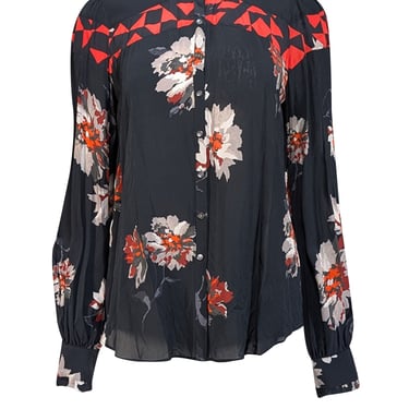 Joie - Black w/ Taupe & Red Floral Print Blouse Sz S