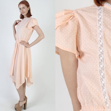 Swiss Dot Printed Peach Hanky Dress / Hi Lo Asym Hem Old Fashion Frock, Vintage 70s Sheer Tulip Sleeves, Light Weight Country Outfit 
