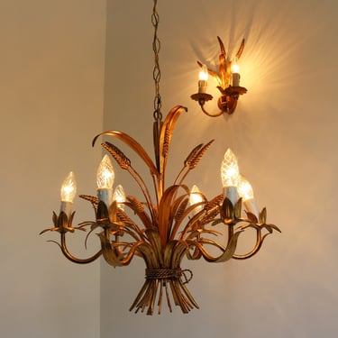 Vintage Gilt Sheaf of Wheat Chandelier and Sconce by Hans Kögl Mid-century Hollywood Regency Golden Pendant Wall Light 1960 Florentine Italy 