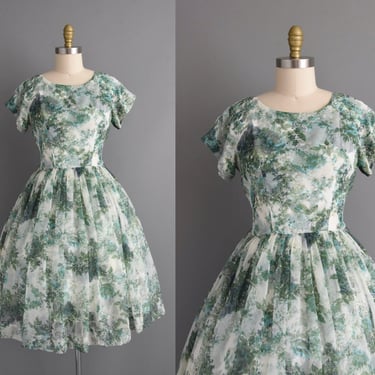 vintage 1950s dress | Gorgeous Green Floral Print Full Skirt Chiffon Party Dress | Medium Large | 50s dress 