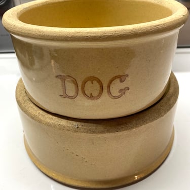 Old Pottery dog bowl set Roseville Ohio USA 6” Feeder Bowl, 7” Water~Yellow ware Farmhouse Stoneware Robinson Ransbottom~ Puppy Dog Gift Set 