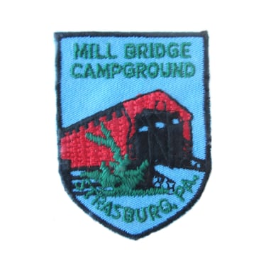 Vintage Embroidered Patch, Mill Bridge Campground, Pennsylvania Souvenir, Jacket Patch, In Package, Voyager Patch, PA Dutch Country 