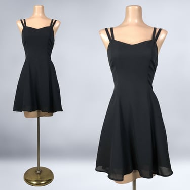 VINTAGE 80s Black Fit n Flare Mini Dress with Sunburst Straps 5/6 By Dawn Joy | 1980s Sweetheart Party Prom Dress | vfg 