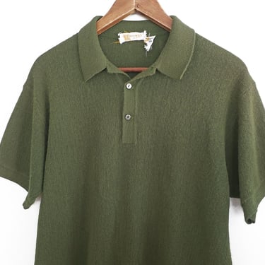 60s knit shirt / vintage polo shirt / 1960s olive green acrylic knit polo shirt Medium 