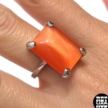 Lovely Vintage 70s Orange Moonglow Rectangle Cocktail Ring 