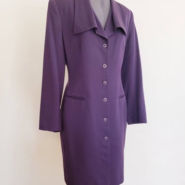 90s Tahari Purple Wool Long Blazer Coat / 1990s Fitted Long Button Down Fitted Jacket Ultraviolet / M  / Jacquette 