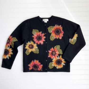 cottagecore sweater y2k vintage Susan Bristol black wool sunflower cardigan 