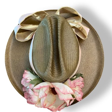 Vintage Straw Hat With Flower Bow Womens Cowboy Boho Linda Eastwood 