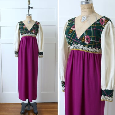 vintage 1970s boho maxi dress • bright orchid & green wool empire waist puff sleeve prairie dress 