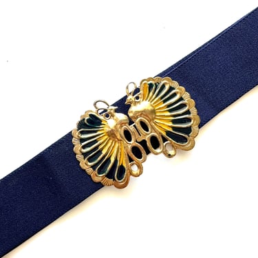 Vintage 70s Peacock Belt 1970s Boho Blue Wide Elastic Belt 