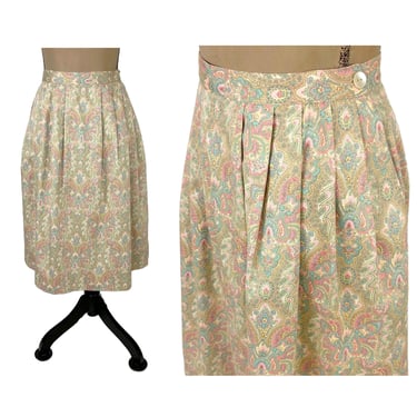 M-L 80s Pastel Midi Skirt Medium Large, Paisley Cotton Pleated High Waist Skirt with Pockets, 1980s Clothes Women, Vintage Clothing JG HOOK 