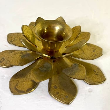 Vintage 1980s Brass Flower Candlestick Holder 