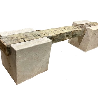 Custom Made to Order Indoor Outdoor Limestone and Reclaimed Barn Beam Bench 
