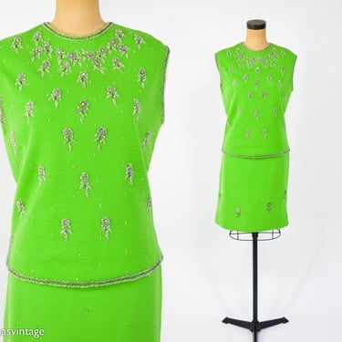 1960s Lime Green Beaded Knit Skirt Set | 60s Green & Rhinestone Knit Sleeveless Set | Medium 
