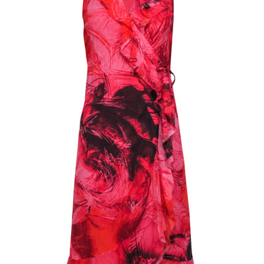 Fuzzi - Coral &amp; Red Print Ruffle Trim Sleeveless Wrap Dress Sz M