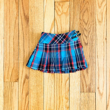 90s Baby Punk Plaid Multicolored Pleated Skirt with Black Faux Leather Buckles | Baby Size 12 Months 