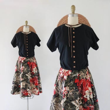 foliage dress - s - vintage 80s 90s black cotton button top short sleeve womens size small floral full skirt 