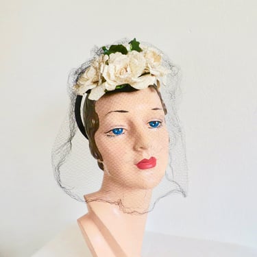 1940's Ivory Creme Roses Floral Head Piece Hat Percher Black Felt Tilt O-Ring Holder Veil WW2 Era 40's Millinery Rockabilly Swing Wieboldt's 