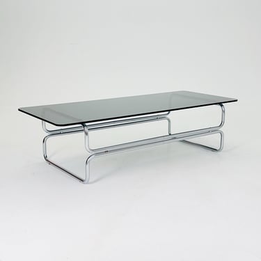 Mid century Large Bauhaus Coffee Table tubalr chrome & smoked glass by Gae Aulenti Italy 1980s 