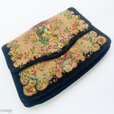 1920s Needlepoint Handbag | 20s Micro Needlepoint Clutch | Floral Needlepoint Purse 