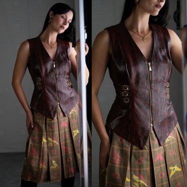 Vintage 90s Alberto Makali Oxblood Snakeskin Leather Vest Top w/ Brass Hardware | Made in USA | 100% Genuine Leather | 1990s Designer Vest 