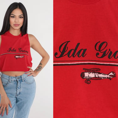 Ida Grove Crop Top 90s Red Tank Top Iowa Airplane Graphic Tee Cutoff Cropped Muscle Shirt Retro Summer Vintage 1990s Screen Stars Small 