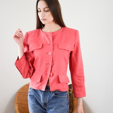 Vintage 1990s Yves Saint Laurent Rive Gauche Coral Linen Jacket | XS/S | 90s YSL Top 