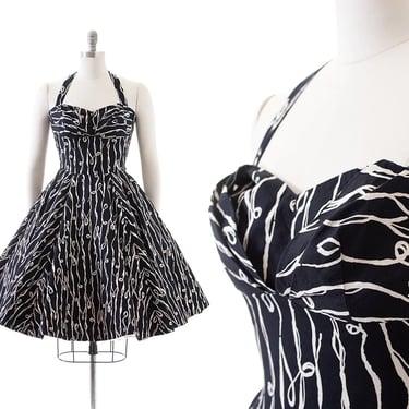 Vintage Style Sundress | Modern 1950s Inspired Printed Cotton Black Halter Petal Sweetheart Bust Pin Up Smocked Day Dress (small/medium) 