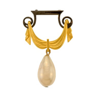 Karl Lagerfeld Vintage Brushed Gold and Gunmetal Curtain Valance Dangling Pearl Brooch Pin