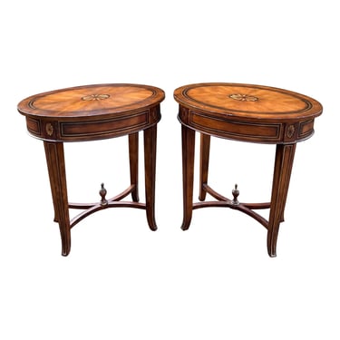 Inlaid Mahogany Regency Style Oval Side Tables - a Pair 