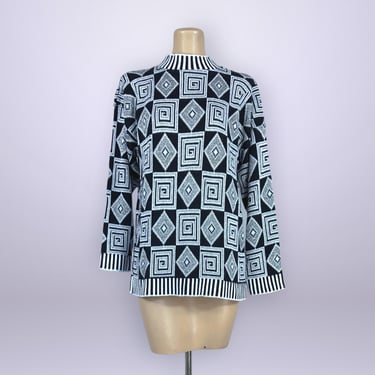 VINTAGE 80s Silver Metallic Geometric Sweater by Mondala | 1980s Black & White Stripe  Long Tunic Sweater Jumper | VFG 