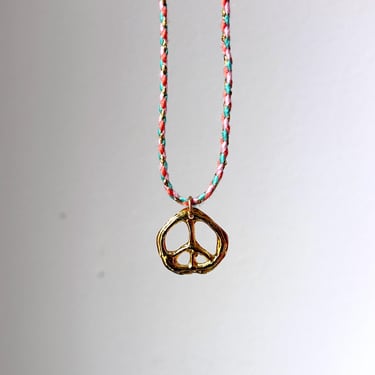 Peace Sign Pendant - Handmade 14k gold plated brass on colorful braided cotton cord 