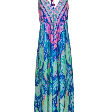 Lilly Pulitzer - Blue &amp; Pink Multi Color Print Halter Maxi Dress Sz M