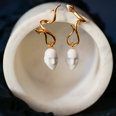 Gold Plated Sterling Silver Serpents and Porcelain Face Earrings