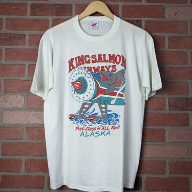 Vintage 80s King Salmon Airways "First Class in All Roes" ORIGINAL Alaskan Fishing Tee - Extra Large (fits Large) 