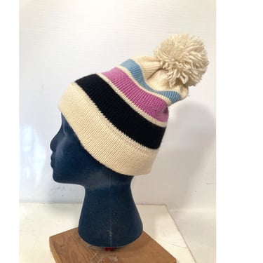 Vintage 70s/80s Wool Striped Ski Hat Beanie With Pom Pom 