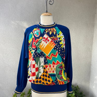 Vintage 1980s pullover top silk cotton geometric print sz M by Adam Douglass Arianna Papell 
