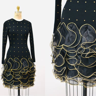 80s 90s Vintage Black Dress Long Sleeve Knit Ruffle Studded Dress XS Small// Black Knit Studded Dress By Lillie Rubin Long Sleeve XS Small 