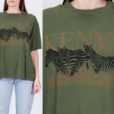 Vintage Kenya Zebra T Shirt - Men's XL, Women's XXL | 90s Army Green Safari Tourist Tee 
